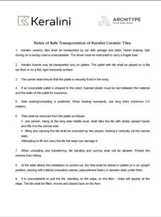 Keralini. Rules of safe shipment of ceramic slabs